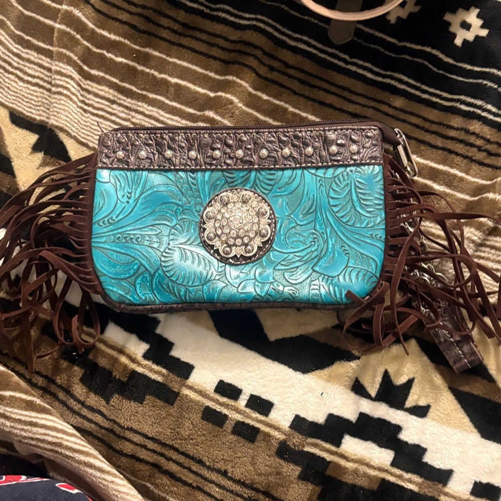 Turquoise and Brown Embossed Clutch with Fringe